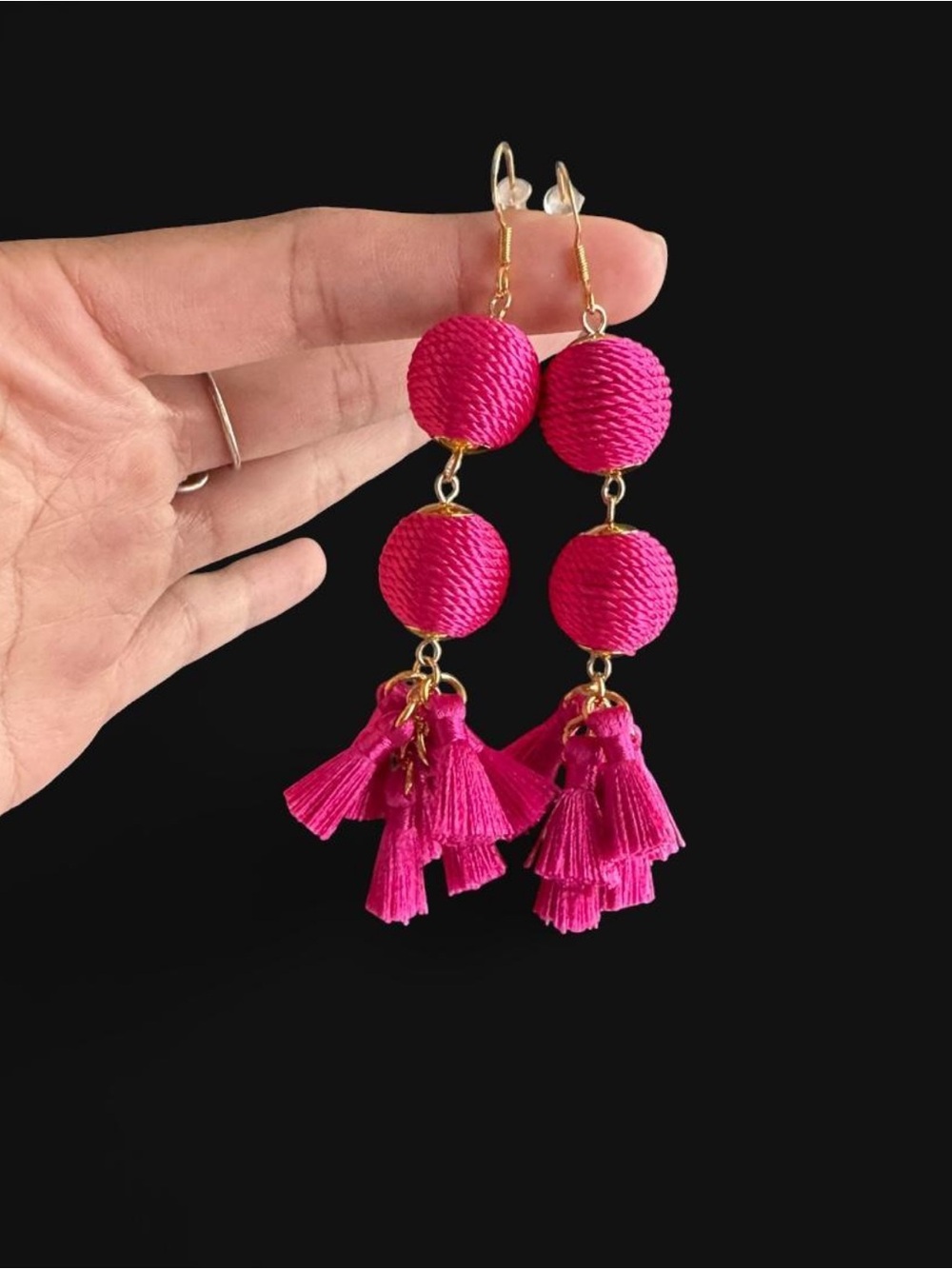 Bright Pink Double-Bead Tassel Drop Earrings